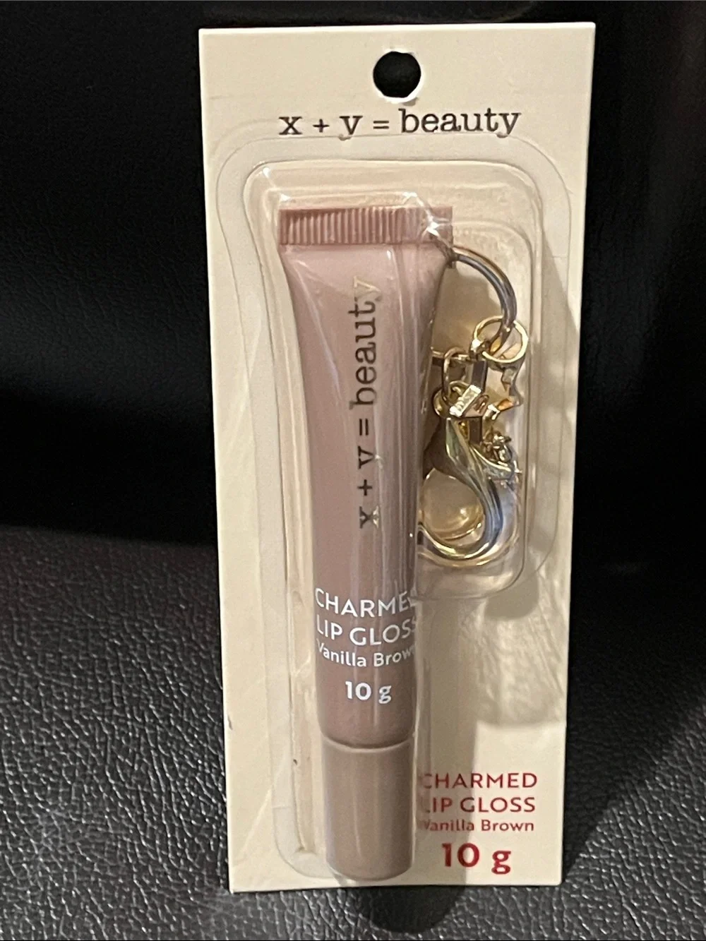 x + y = beauty Charmed Lip Gloss Vanilla Brown + Gold Charm Clip + Key Chain NIP